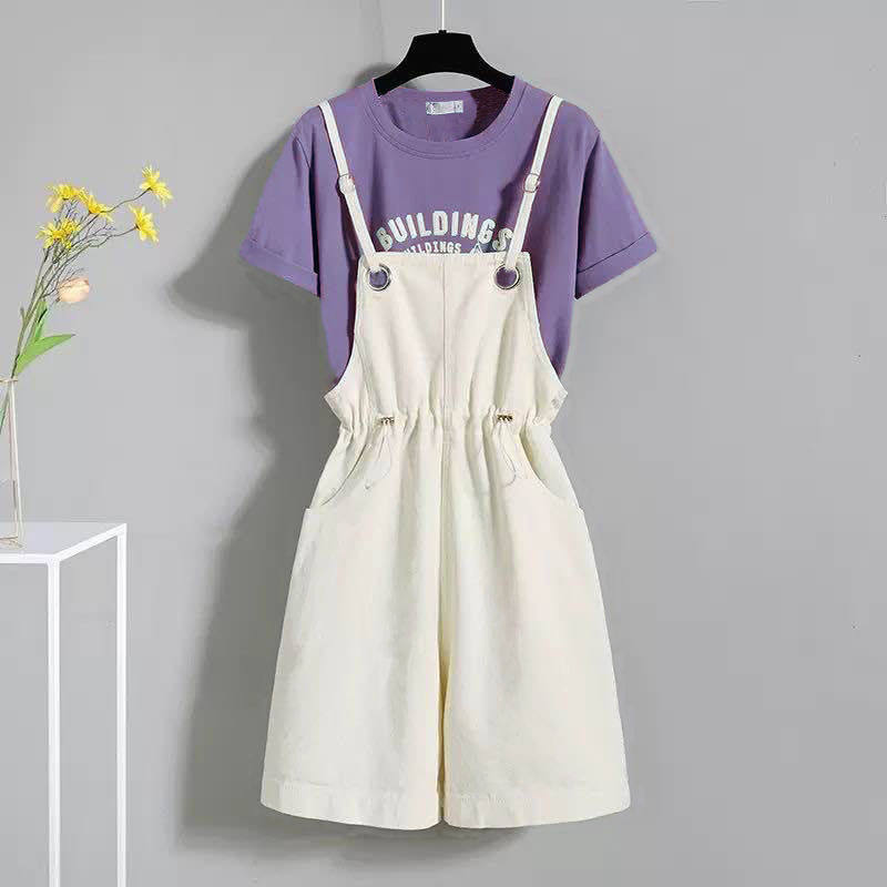 可爱甜妹女童套装2026夏款12岁学生背带短裤13胖童短袖t恤两件套