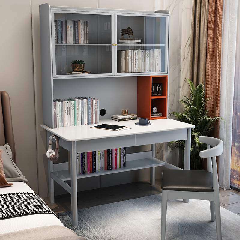 灰色实木书桌带柜门单人电脑桌书架一体卧室床头学习桌子办公桌
