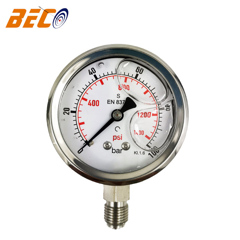 60mm径向压力表双刻度充油表 100bar高压表可定制压力表