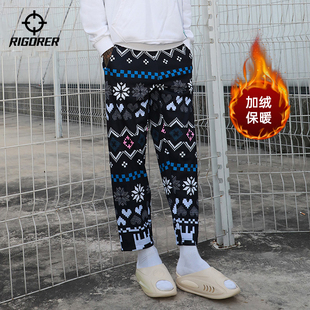 子满印男秋季 篮球运动裤 新款 卫裤 加绒保暖潮流直筒裤 准者圣诞花裤