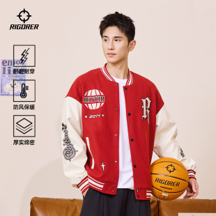 准者里夫斯同款 棒球服男子新年红色运动外套潮流通勤宽松棉服男