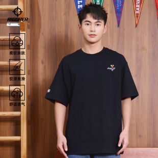 男百搭宽松运动透气上衣 新款 准者花卉刺绣短袖 T恤重磅纯棉春夏季