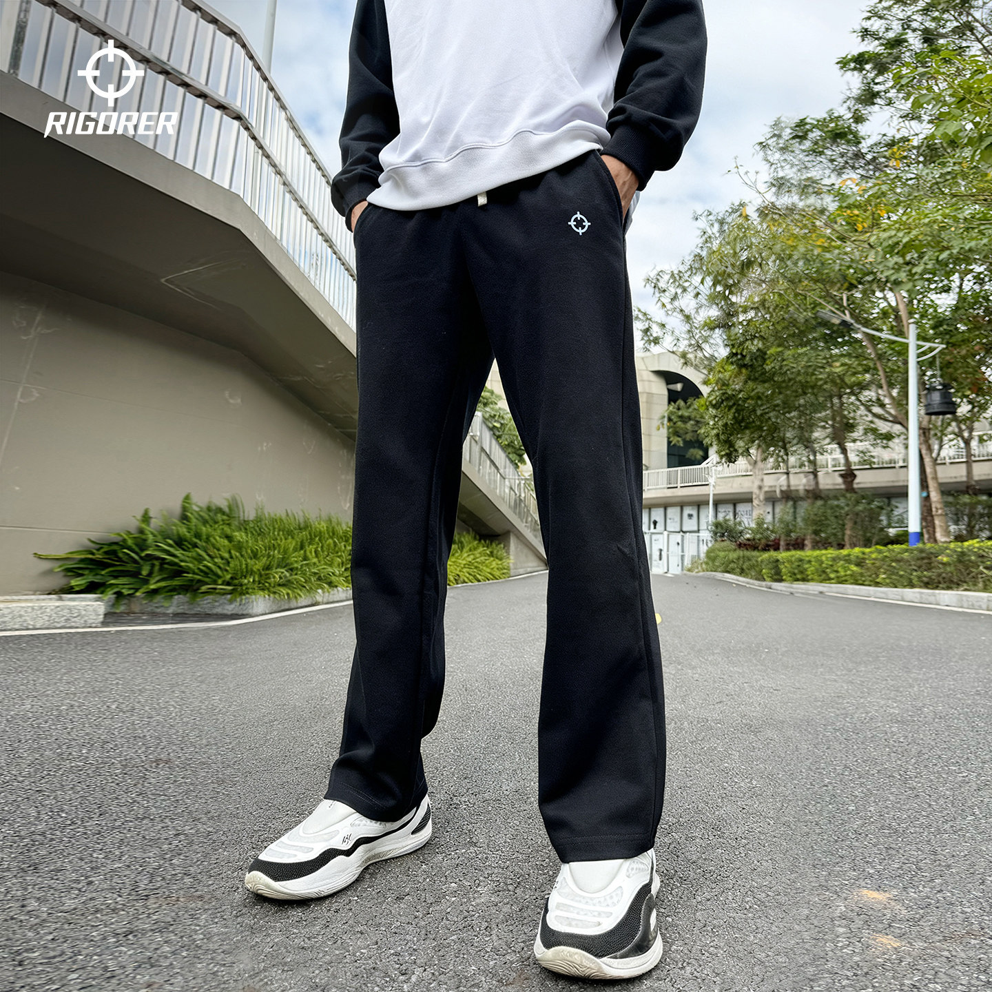 准者直筒宽松运动长裤秋冬新款男士休闲跑步篮球黑色针织加绒卫裤
