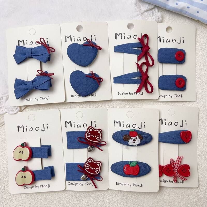 牛仔红色苹果纽扣爱心儿童发夹