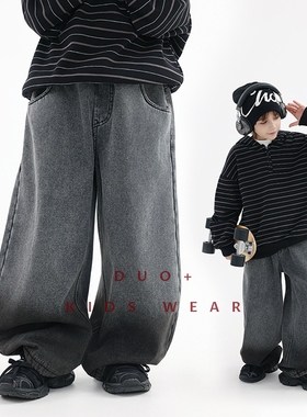 多加潮牌童装儿童加绒弯刀牛仔裤冬装新款男童宝宝时髦洋气长裤