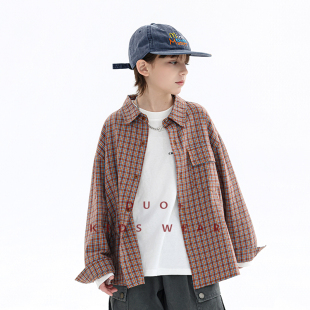 新款 秋2026春装 中大童帅气儿童上衣潮 男童格子衬衫 多加潮牌童装