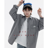 新款 2026春装 中大童帅气儿童上衣潮 男童格子拼接衬衫 多加潮牌童装