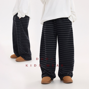 多加潮牌童装男童加绒长裤冬装新款中大童加厚保暖儿童条纹长裤