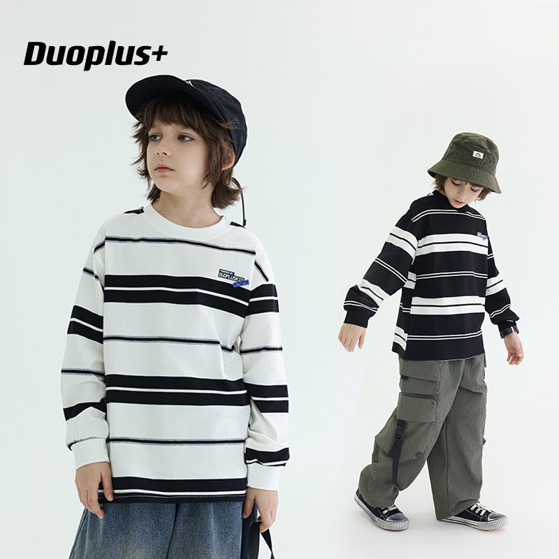 DUOPLUS撞色休闲条纹T恤