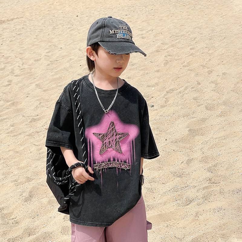 童装男童短袖t恤夏装2024新款中大童砂洗做旧半袖儿童炸街上衣潮,童装/婴儿装/亲子装,T恤,淘宝优惠券,粉丝福利购,淘宝优惠卷