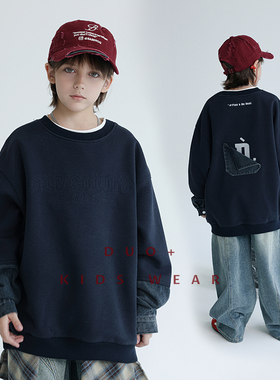 多加潮牌童装男童卫衣秋装新款中大童帅气套头衫儿童拼接牛仔上衣