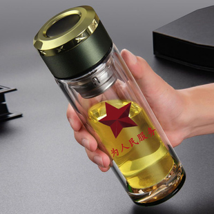 将军杯双层加厚玻璃杯男士泡茶杯高档车载八一老兵军旅纪念水杯