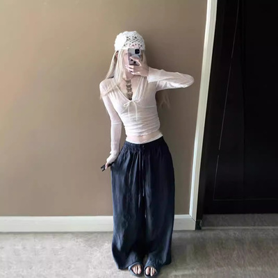 2024年纯欲风蝴蝶结绑带蕾丝拼接T恤早秋修身显瘦短款时尚上衣ins