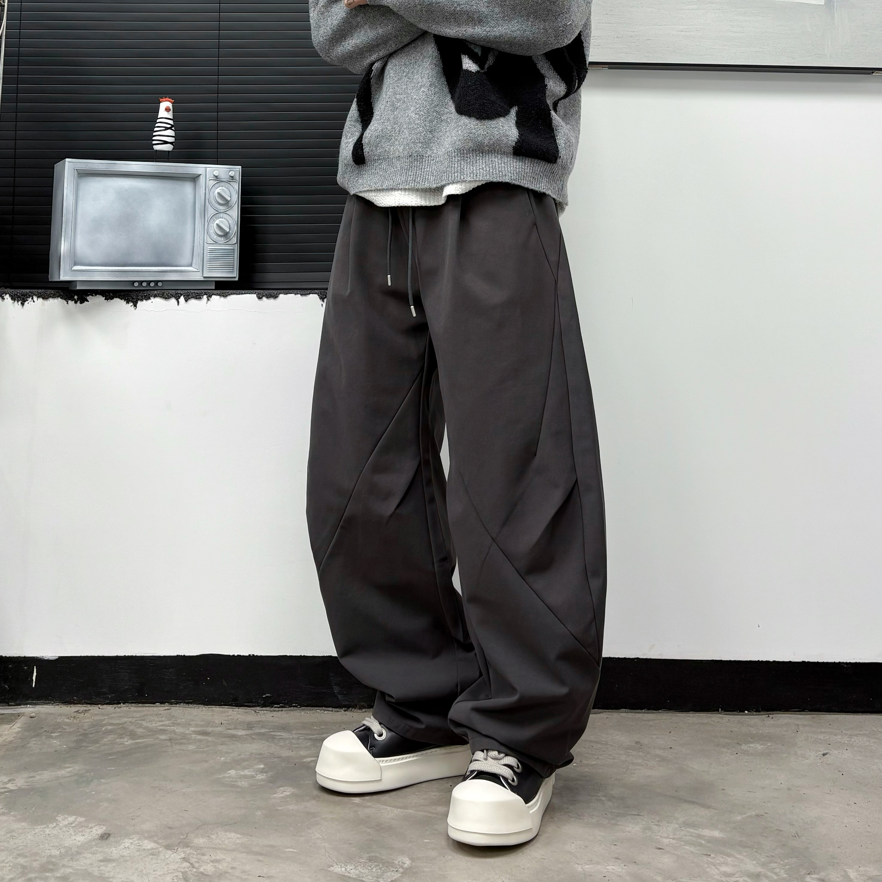 冬季加绒高级感韩系宽松阔腿拼接直筒休闲裤潮男痞帅小弯刀伞兵裤