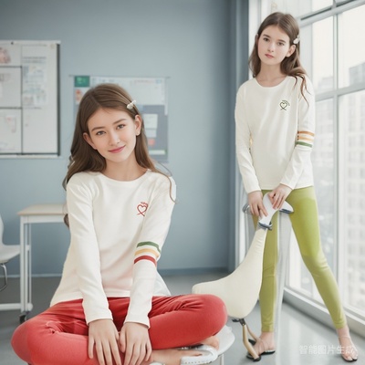 upmiss 儿童保暖女童内衣套装秋衣秋裤高领圆领少女纯棉A类打底衫