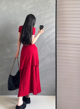 M5187夏季新款短袖垂垂裙设计感垂坠休闲长裙假两件绑带连衣裙