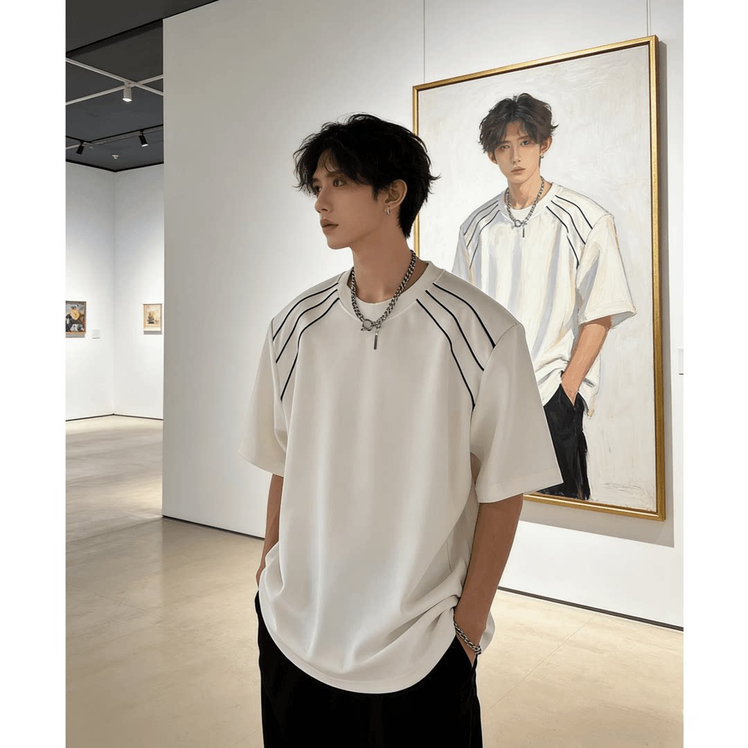 解构线条垫肩重磅280g短袖t恤男款夏季美式高街潮牌痞帅五分半袖