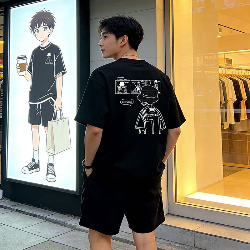 男士新款纯棉短袖t恤潮牌欧美嘻哈风圆领时尚夏季休闲宽松半袖男