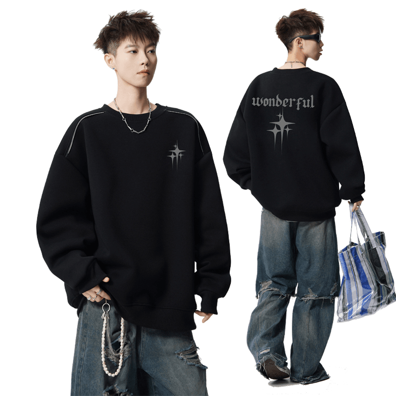 2025秋冬新款潮牌字母加绒圆领卫衣男生潮流简约宽松百搭套头上衣