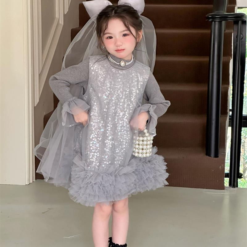 。女童连衣裙秋冬新款洋气亮片网纱tutu蓬蓬裙公主背心裙子生日礼