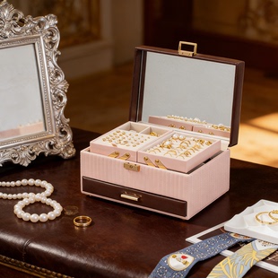 卡瑟格手提式条纹撞色创意升降式精致收纳盒首饰盒带镜三层大容量