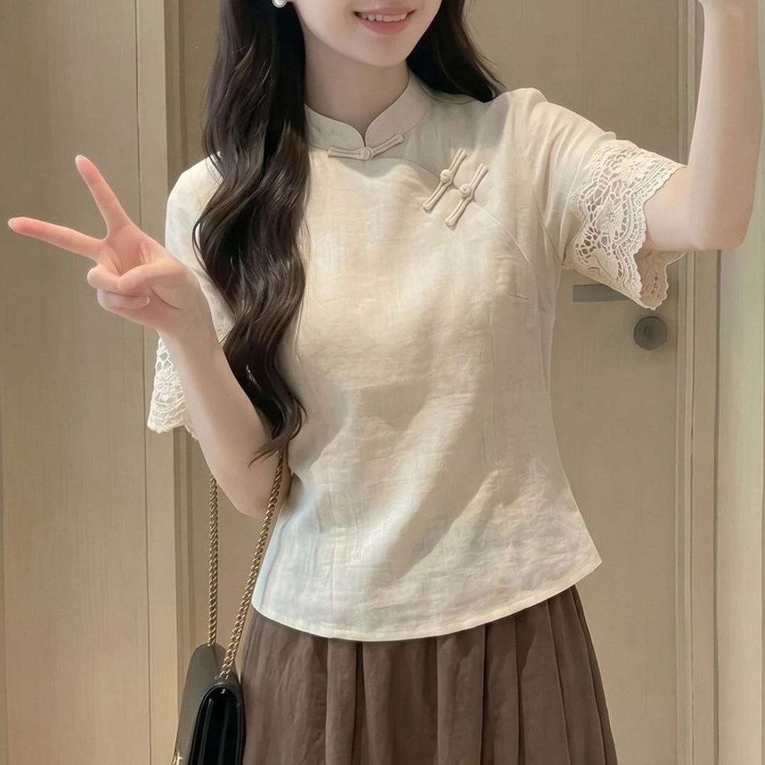 新中式立领蕾丝拼接显瘦短袖衬衫图片