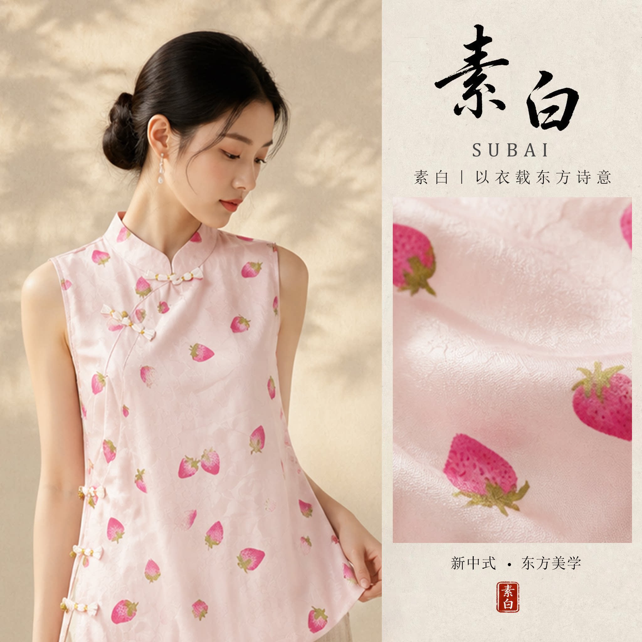 新中式粉色草莓印花盘扣马甲女