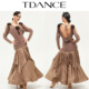 TDANCE摩登舞表演服 华尔兹交谊舞大裙摆连衣裙女SM13 棕韵花褶
