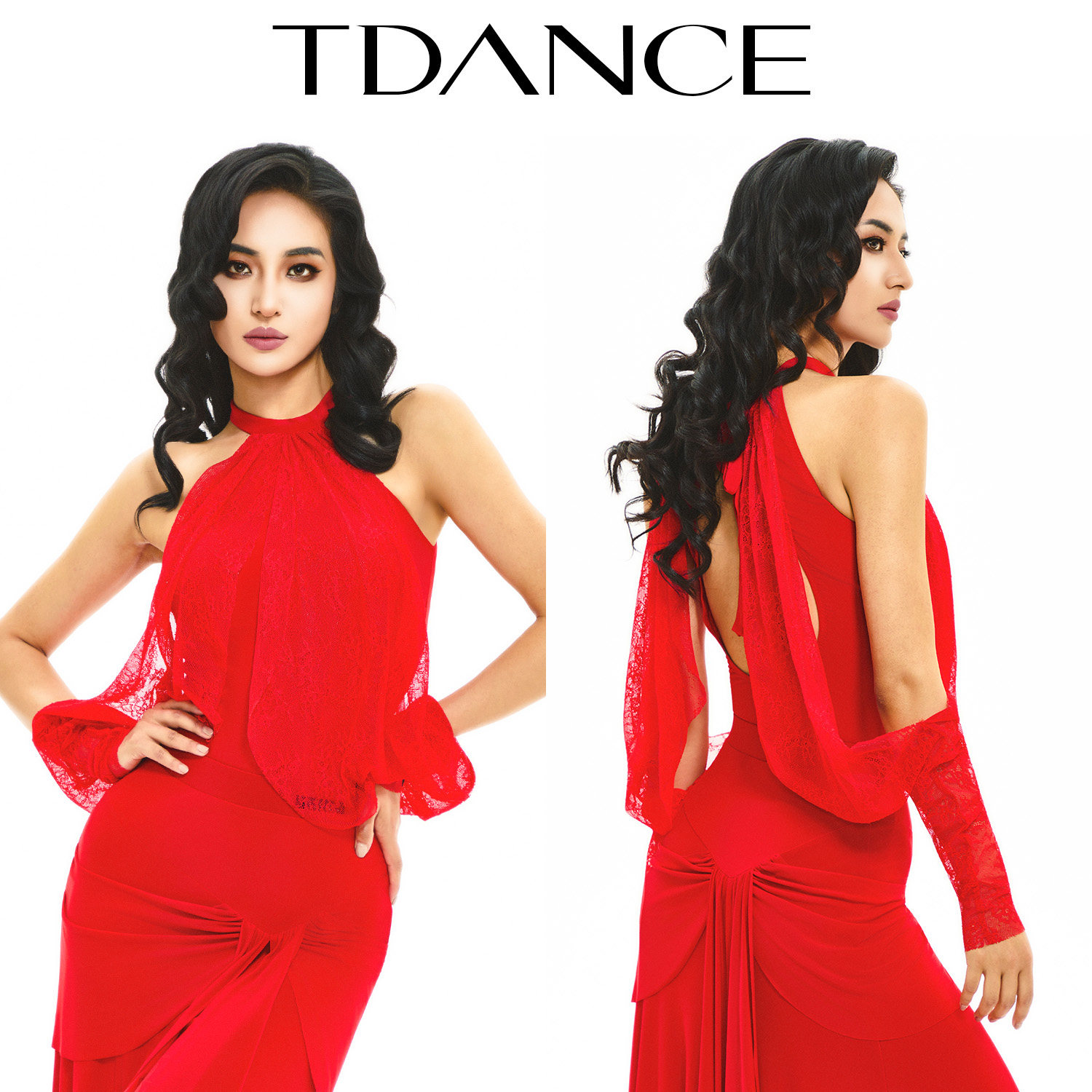 TDANCE摩登【挂脖镂空蕾丝灯笼袖连体上衣】练功上课带胸垫JM-229