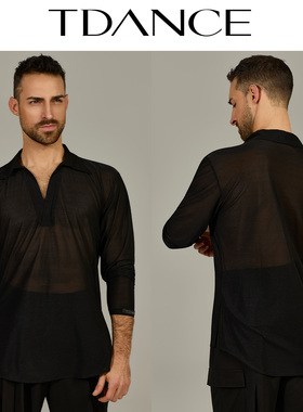 TDANCE男士拉丁【网纱翻领V口长袖】上衣成人专业训练服表演BS-63