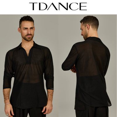 TDANCE网纱翻领V口长袖