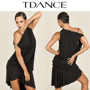 196 设计感不规则GL TDANCE国标舞练习服 烫钻斜肩金属扣环上衣