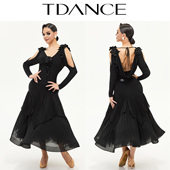 TDANCE摩登舞表演服 华尔兹简约百褶大裙摆连衣裙SM15 暗夜魅影