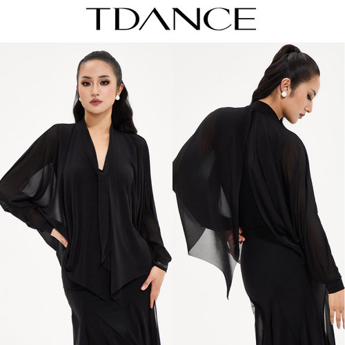 TDANCE领带拼接纱质飘片连体上衣