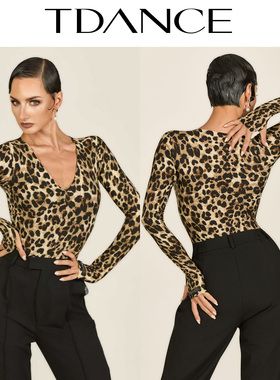TDANCE拉丁摩登练习【豹纹V领长袖连体上衣】百搭秋冬日常GL-212