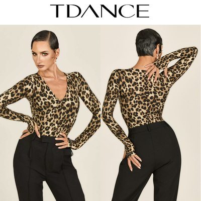 TDANCE豹纹V领长袖连体上衣