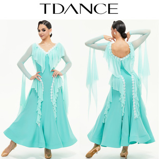 TDANCE摩登演出服【湖光潋滟】华尔兹交谊舞飘逸浅色大摆鱼骨SM14