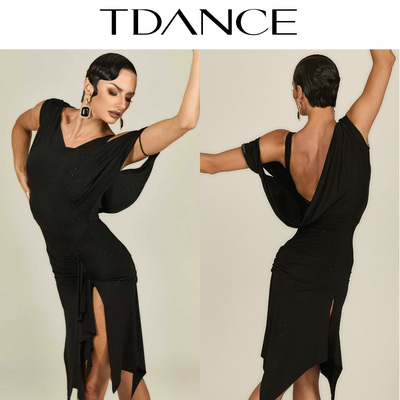 TDANCE斜肩褶皱荡领飞片连衣裙