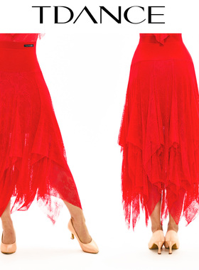 TDANCE摩登舞练习服【蕾丝飘片半裙】飘逸灵动表演班服红色JM-121
