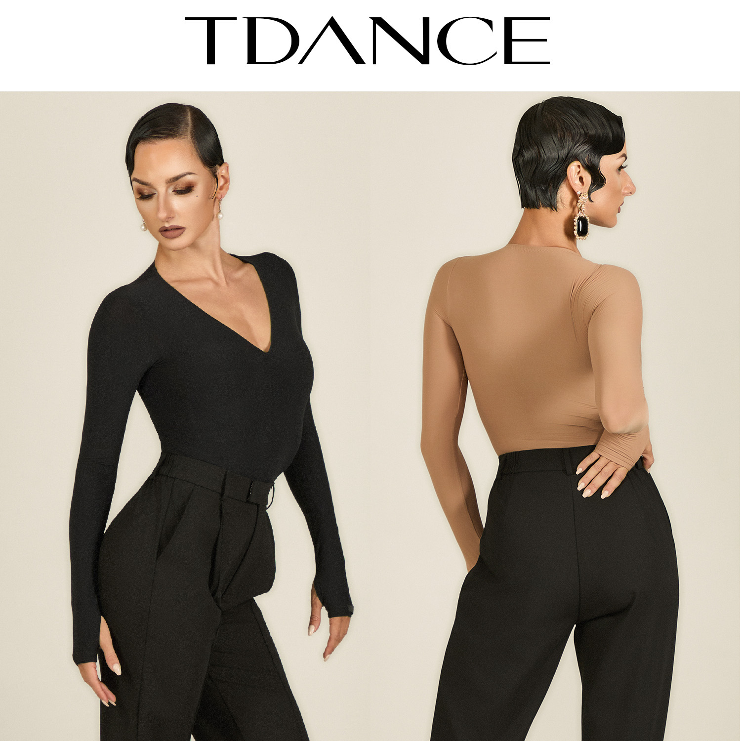TDANCE女拉丁摩登练功服【V领打底连体上衣】长袖修身日常GL-215