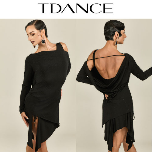 TDANCE烫钻后背荡领斜摆上衣