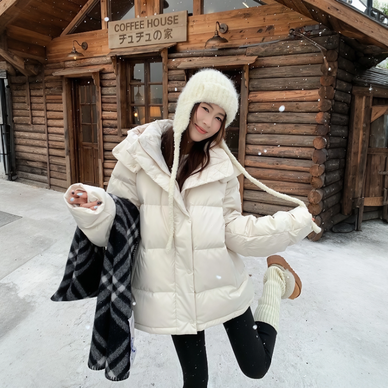 奶白色宽松面包服棉服女冬加厚保暖立领连帽韩系温柔风小个子外套