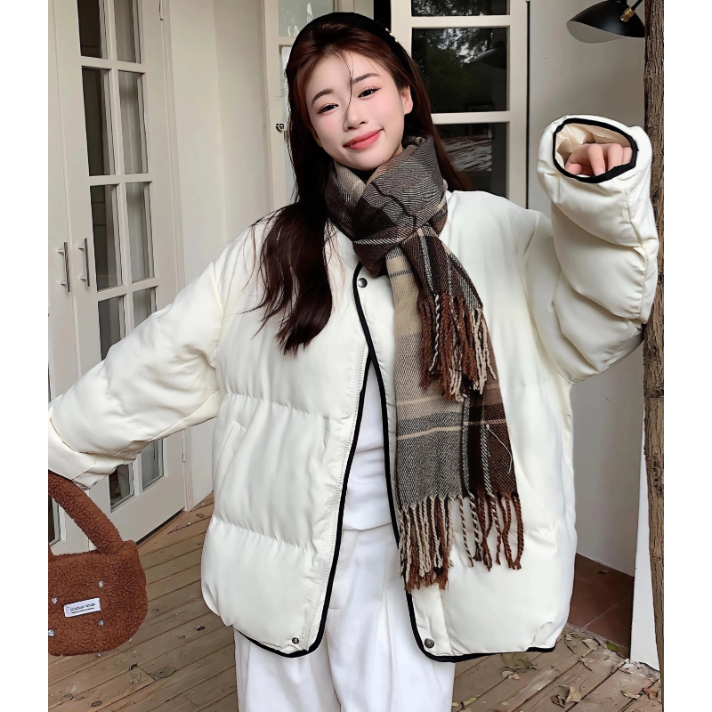 黛茗颜撞色包边无领百搭棉服外套女秋冬季小众宽松加厚棉衣短外套