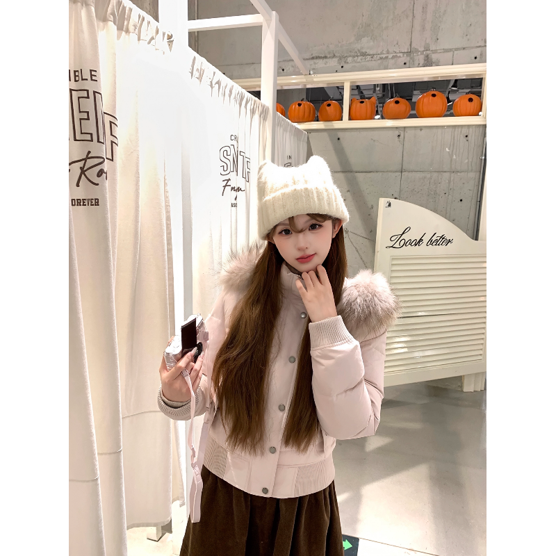 奶白短款毛领棉服女冬韩系软妹加厚保暖小个子温柔风宽松显瘦外套