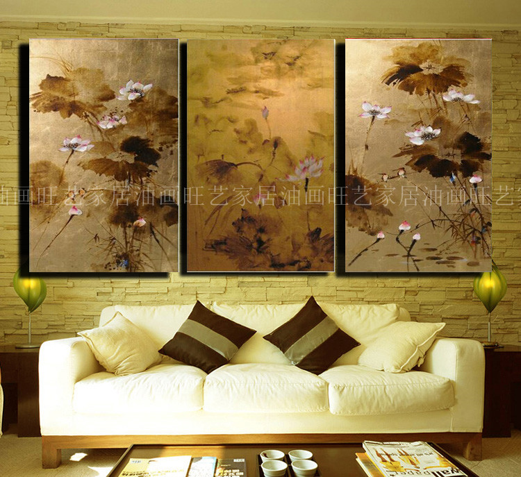 东南亚装饰画客厅油画沙发背景墙挂画泰式风格金箔画抽象油画荷花图片