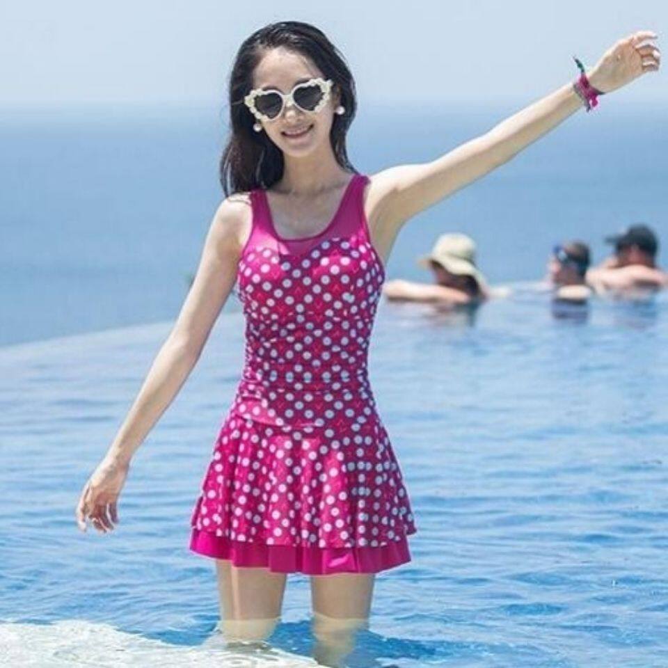 三奇游泳衣 女士连体裙式钢托小胸聚拢 保守显瘦遮肚大码温泉泳装