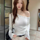 chic设计感露肩收腰短款 女早秋新款 上衣 甜辣妹白色斜肩打底衫 美式
