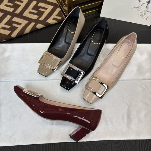 RV方跟女鞋金属扣漆皮单鞋4.5cm