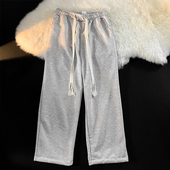 ins潮高街长裤 宽松直筒抽绳阔腿休闲运动裤 子 男春秋季 浅灰色卫裤