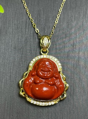 天然南红玛瑙弥勒佛吊坠满肉冰飘佛公挂件s925银项链观音佛毛衣链